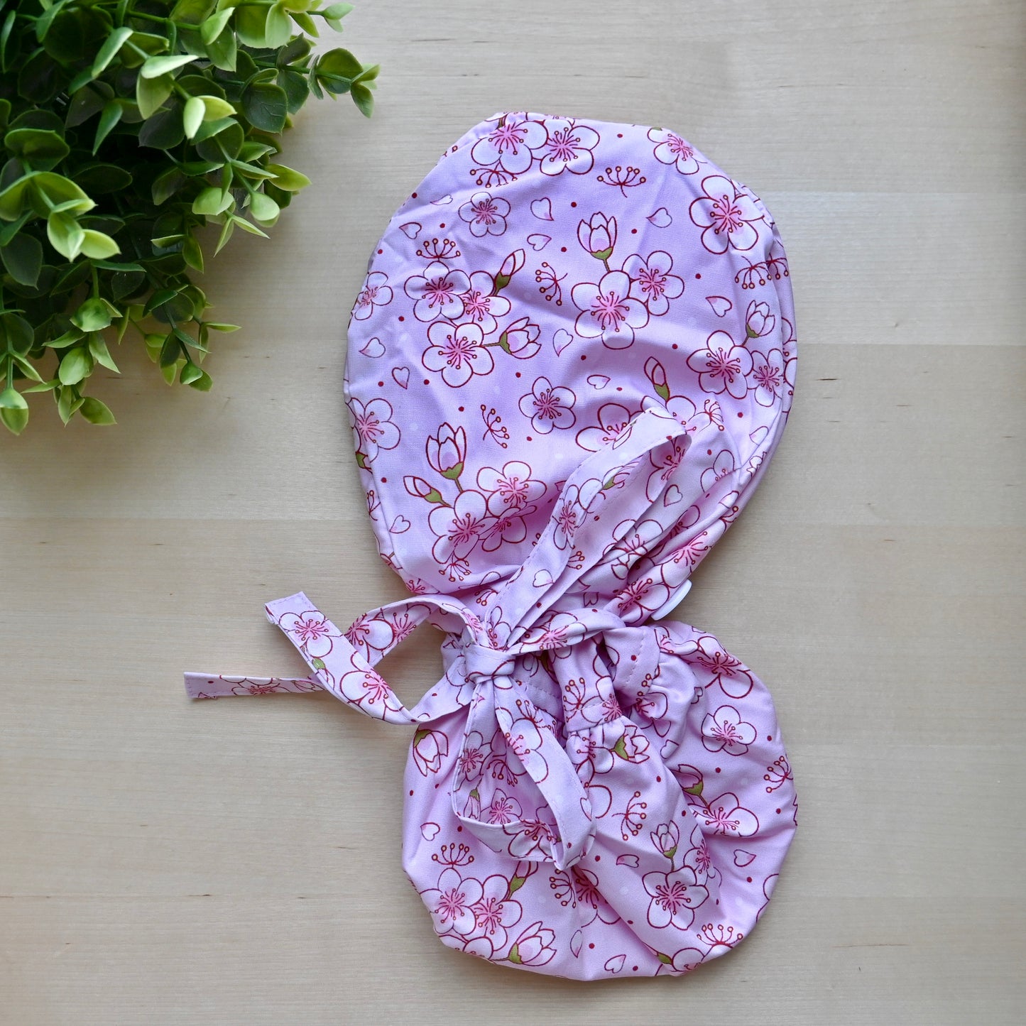 CHERRY BLOSSOM PINK THEMED SATIN LINED PONYTAIL SCRUB CAP