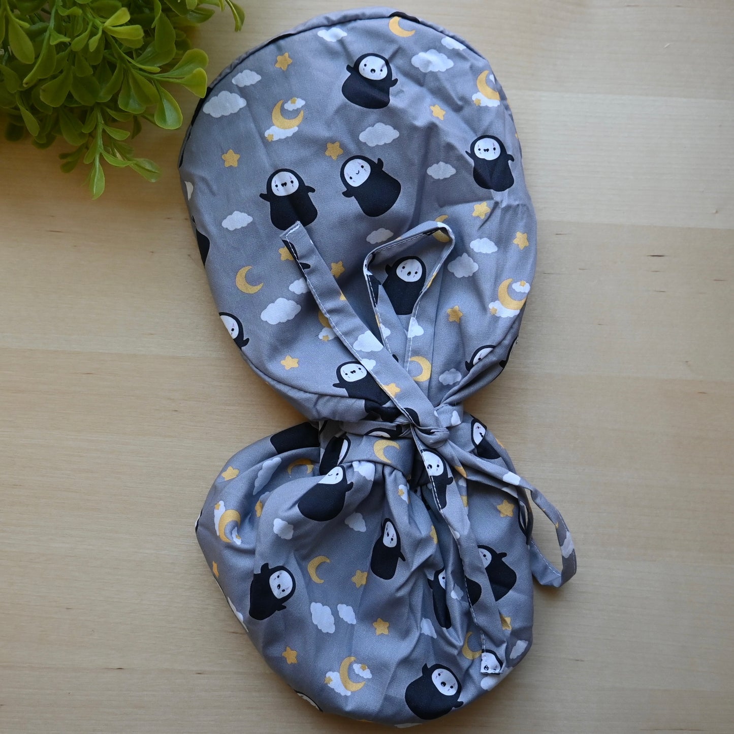 SPIRITED AWAY - GRAY NO FACE SATIN LINED PONYTAIL SCRUB CAP
