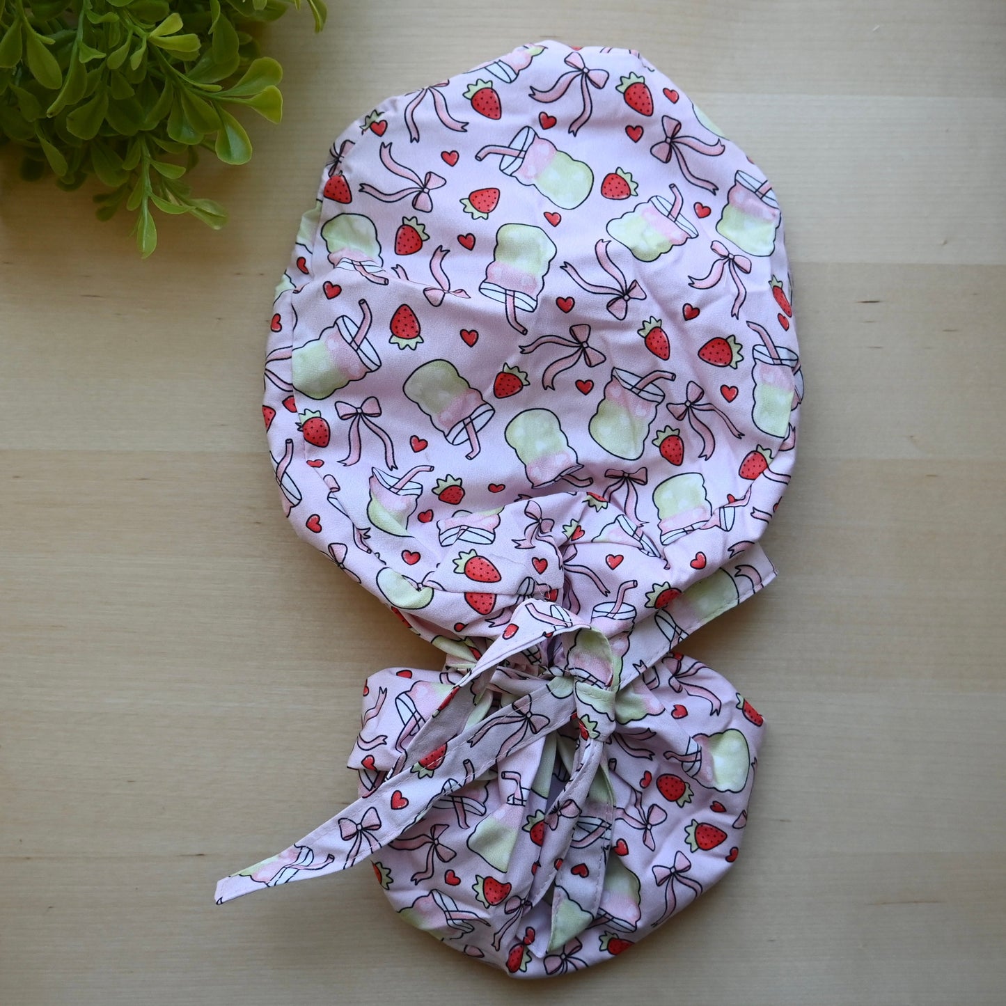 STRAWBERRY MATCHA THEMED SATIN LINED PONYTAIL SCRUB CAP