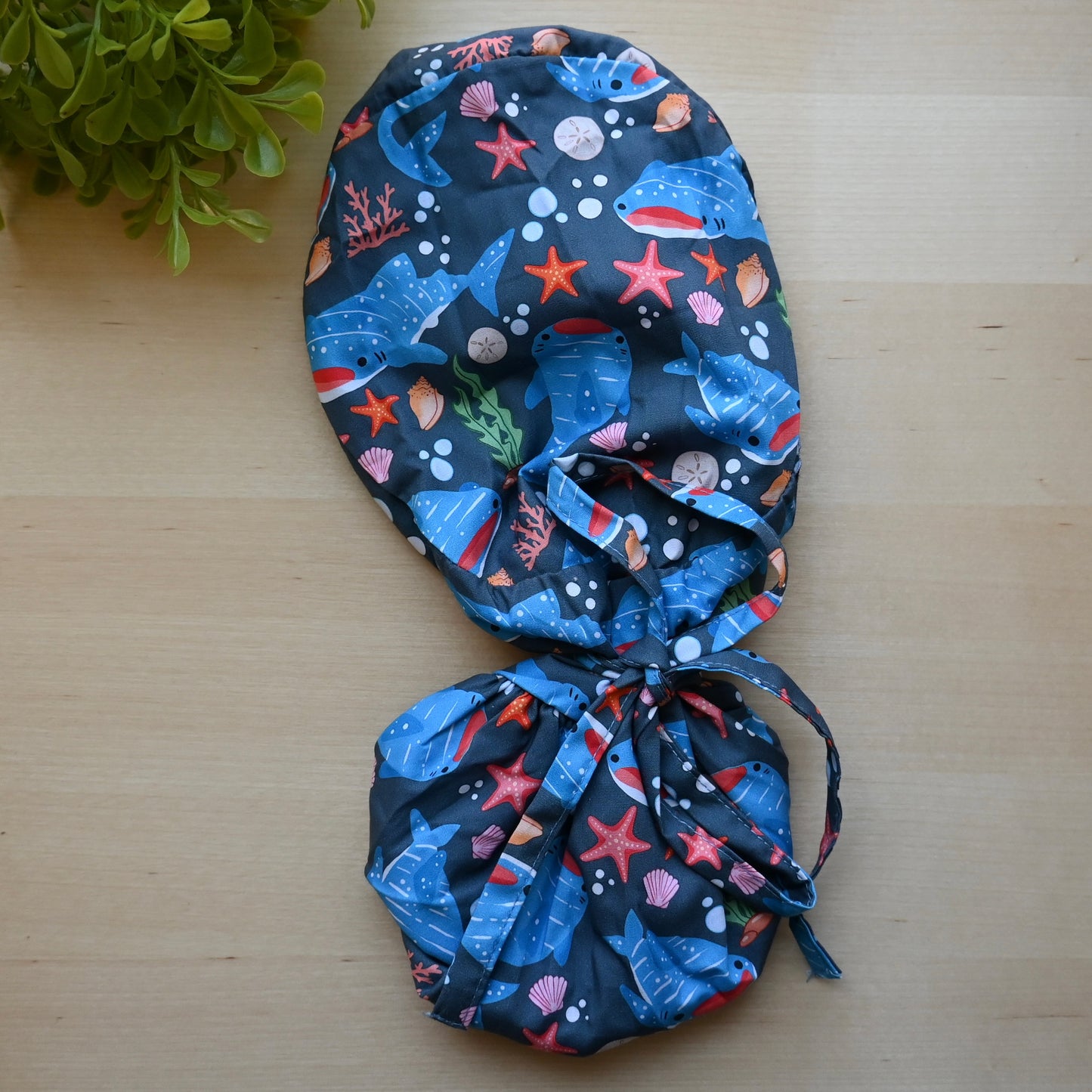 KAWAII WHALE SHARK THEMED SATIN LINED PONYTAIL SCRUB CAP