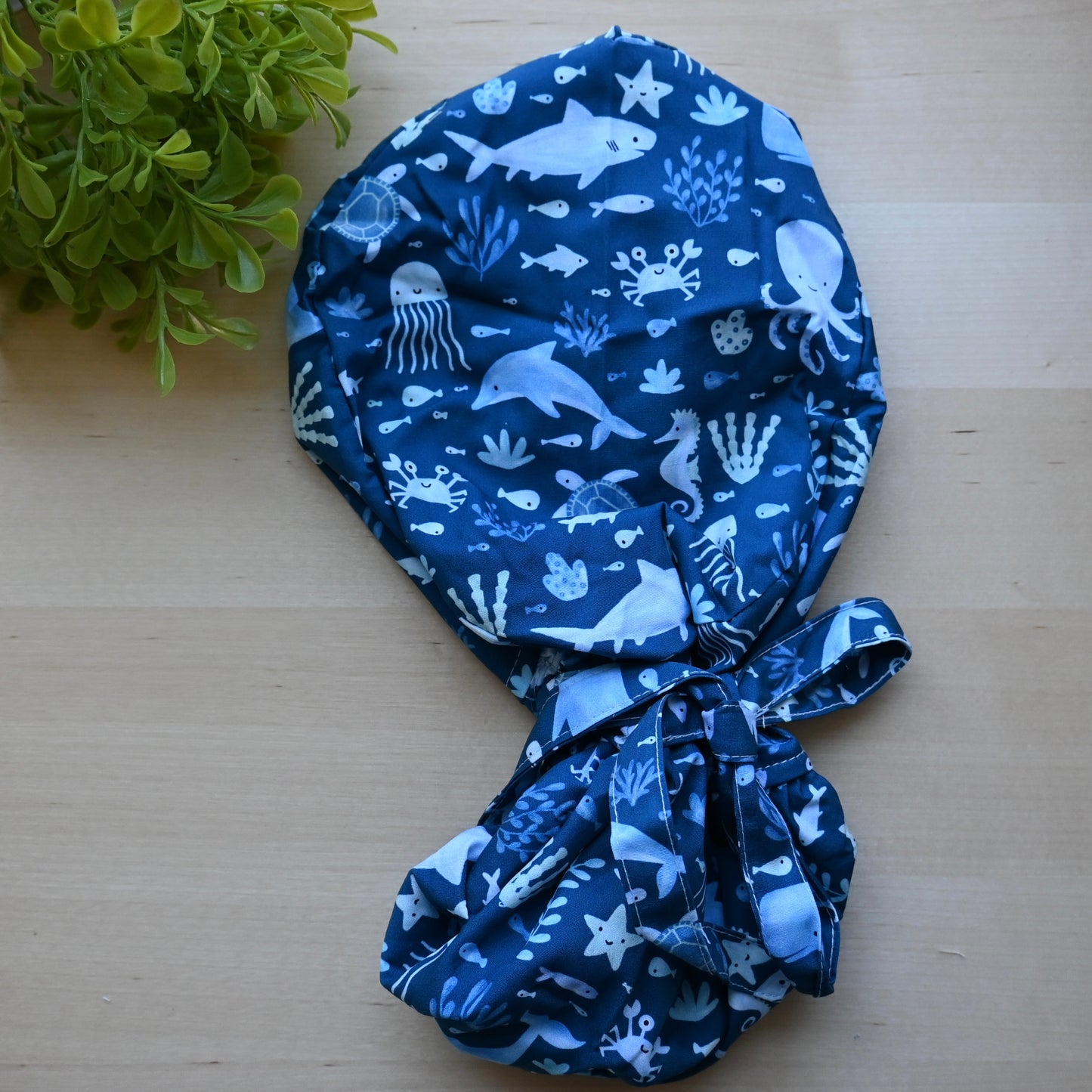 SEA ANIMAL THEMED SATIN LINED PONYTAIL SCRUB CAP
