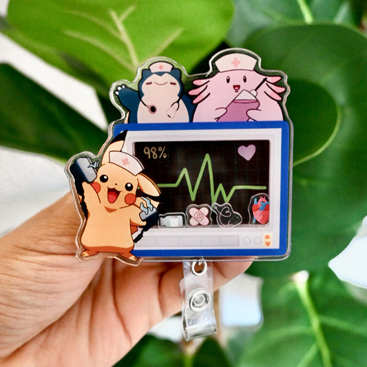 CARDIOLOGY POKEMON THEMED ACRYLIC SHAKER BADGE REEL