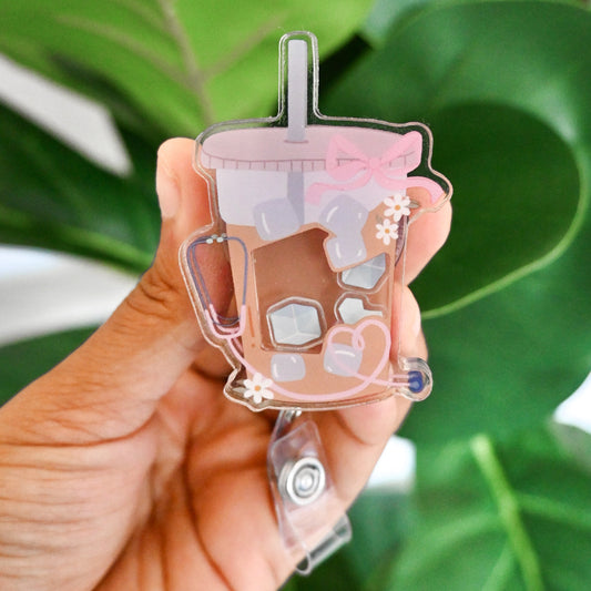 ICED COFFEE WITH STETHOSCOPE ACRYLIC SHAKER BADGE REEL