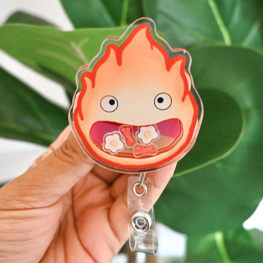 HOWL'S MOVING CASTLE - CALCIFER THEMED ACRYLIC SHAKER BADGE REEL