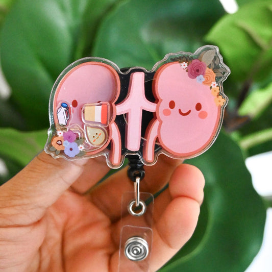 KIDNEYS FLORAL THEMED ACRYLIC SHAKER BADGE REEL