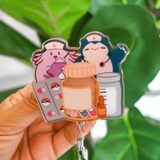 PHARMACY POKEMON THEMED ACRYLIC SHAKER BADGE REEL