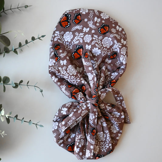 BROWN BUTTERFLY TALAVERA SATIN LINED PONYTAIL SCRUB CAP