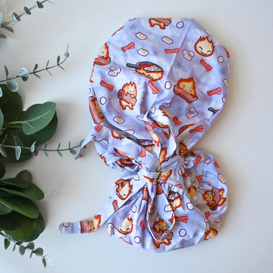 HOWL'S MOVING CASTLE - CALCIFER THEMED SATIN LINED PONYTAIL SCRUB CAP