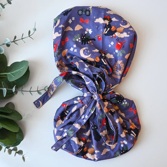 KIKI'S DELIVERY SERVICE - KIKI AND JIJI FLYING AT NIGHT SATIN LINED PONYTAIL SCRUB CAP