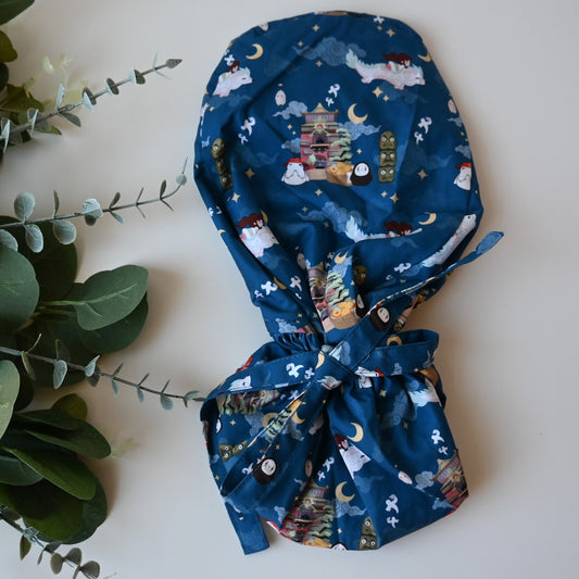 SPIRITED AWAY - FLYING AT NIGHT WITH HAKU SATIN LINED PONYTAIL SCRUB CAP
