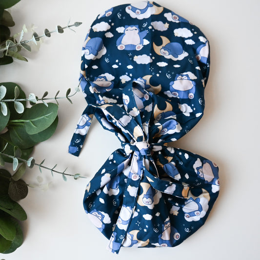 POKEMON - DARK BLUE SNORLAX WITH MOON AND STARS SATIN LINED PONYTAIL SCRUB CAP