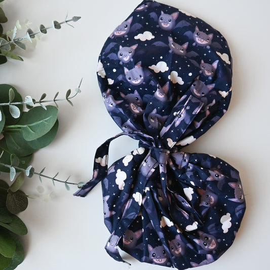 SPOOKY BAT SATIN LINED PONYTAIL SCRUB CAP