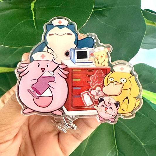 EMERGENCY POKEMON THEMED ACRYLIC SHAKER BADGE REEL