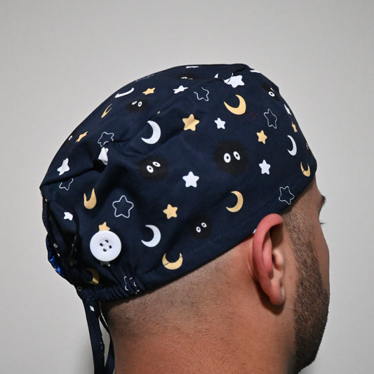 STUDIO GHIBLI - SOOT SPRITES DARK BLUE MOON AND STARS SATIN LINED REGULAR SCRUB CAP