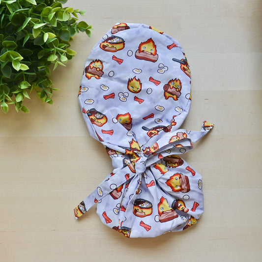 HOWL'S MOVING CASTLE - CALCIFER THEMED SATIN LINED PONYTAIL SCRUB CAP