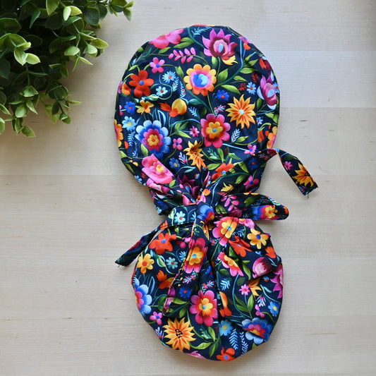 HISPANIC TRADITIONAL BLACK SATIN LINED PONYTAIL SCRUB CAP