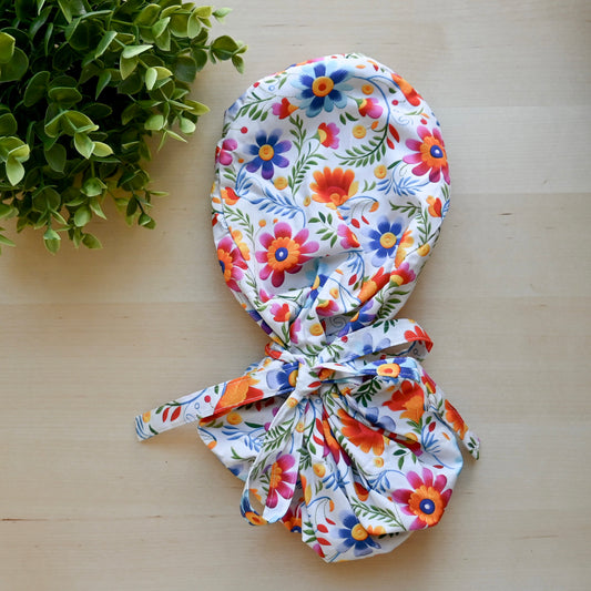 HISPANIC TRADITIONAL NEUTRAL SATIN LINED PONYTAIL SCRUB CAP
