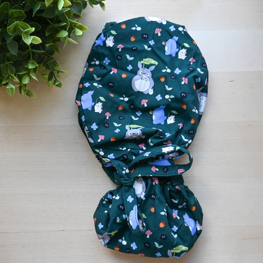 MY NEIGHBOR TOTORO -  DARK GREEN TOTORO SATIN LINED PONYTAIL SCRUB CAP