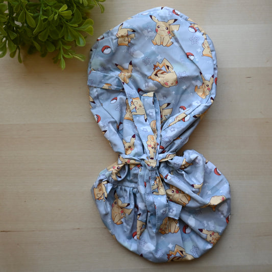 POKEMON - BLUE PIKACHU WITH STARS THEMED SATIN LINED PONYTAIL SCRUB CAP