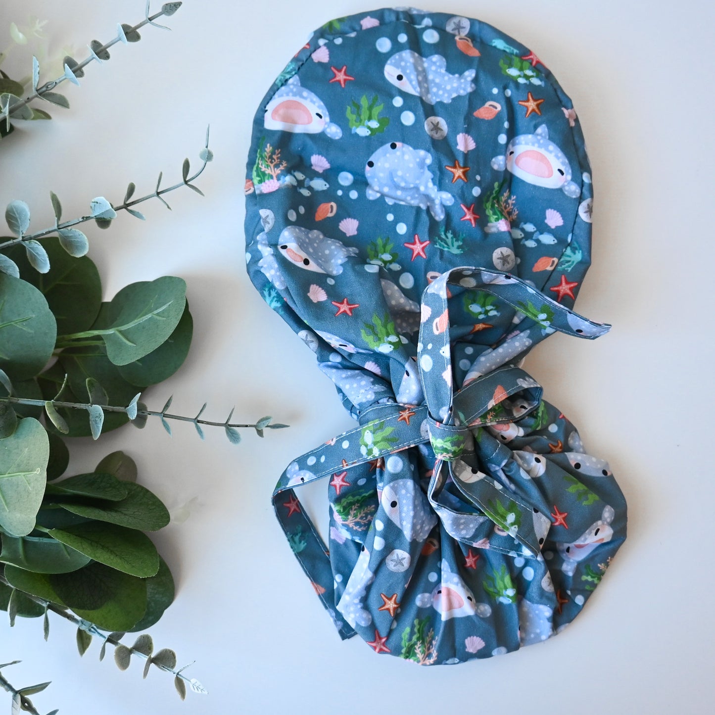 KAWAII WHALE SHARK THEMED SATIN LINED PONYTAIL SCRUB CAP