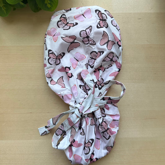 PINK BUTTERFLY SATIN LINED PONYTAIL SCRUB CAP