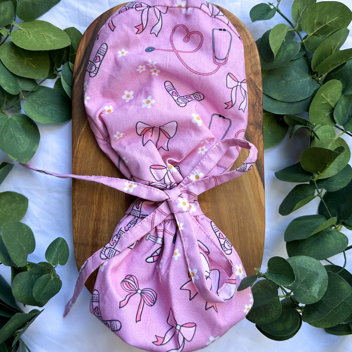 MEDICAL COQUETTE THEMED SATIN LINED PONYTAIL SCRUB CAP