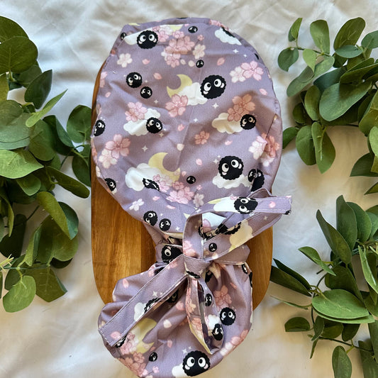 SOOT SPRITES WITH CHERRY BLOSSOM SATIN LINED PONYTAIL SCRUB CAP